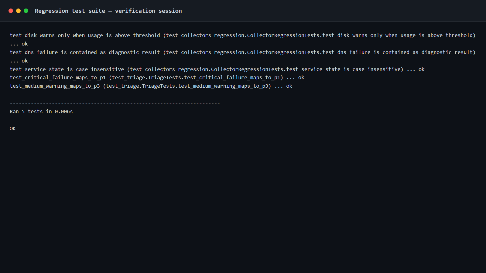 Verified regression test output showing five passing tests