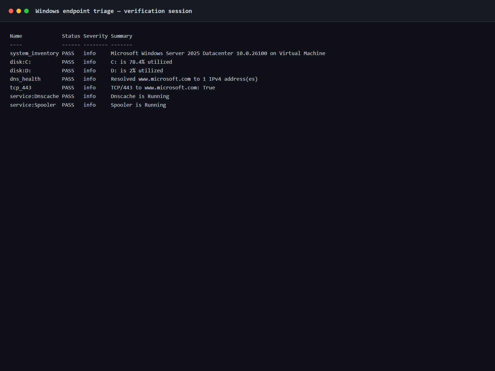 Windows endpoint triage output showing system, disk, DNS, TCP and service health checks